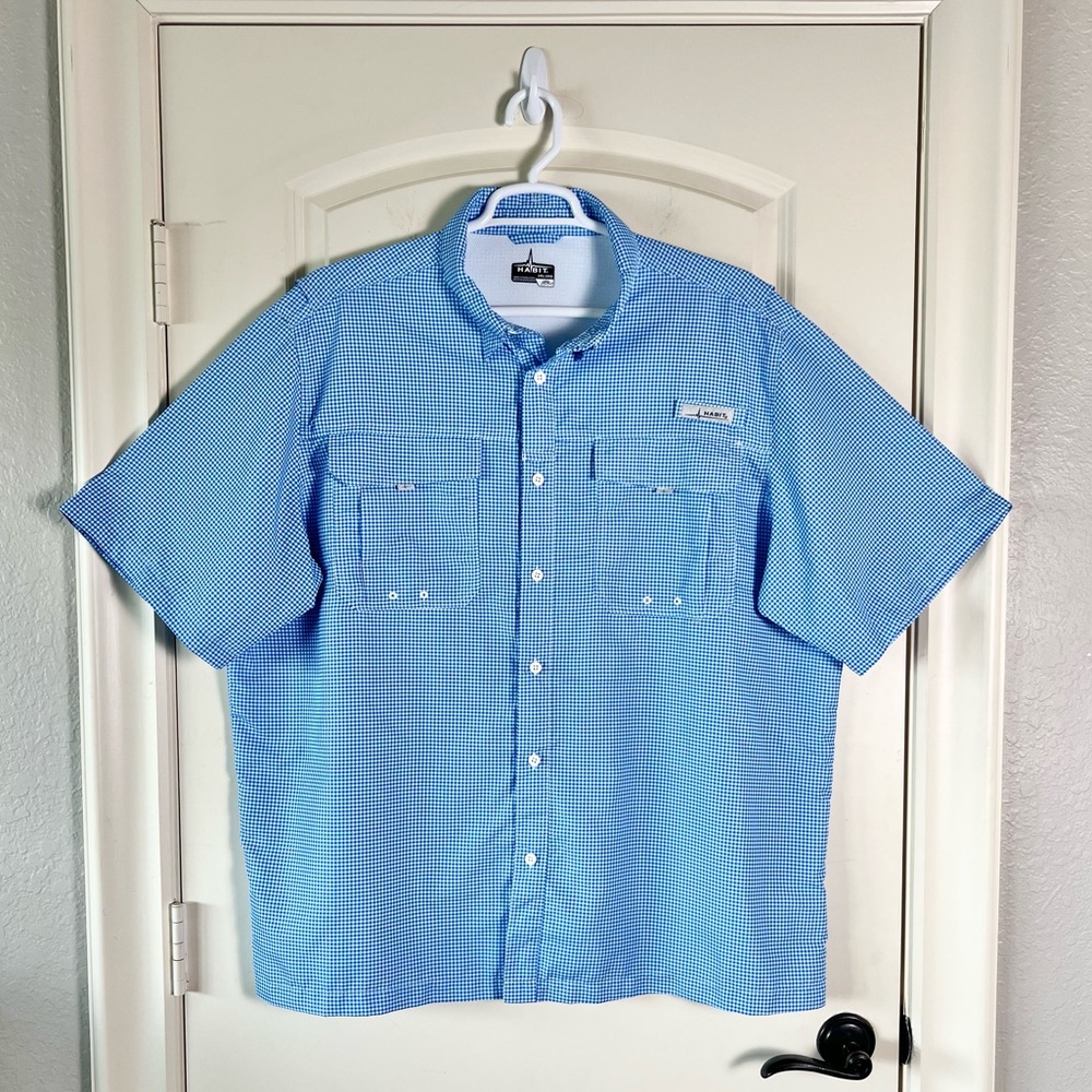 Habit Performance Fishing Shirt 2XL Blue Gingham Plaid Vented Back Pockets